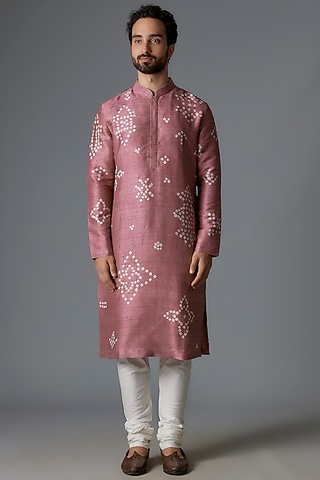 Blush Pink Raw Silk Bandhani Printed Kurta Set by Divyam Mehta Men