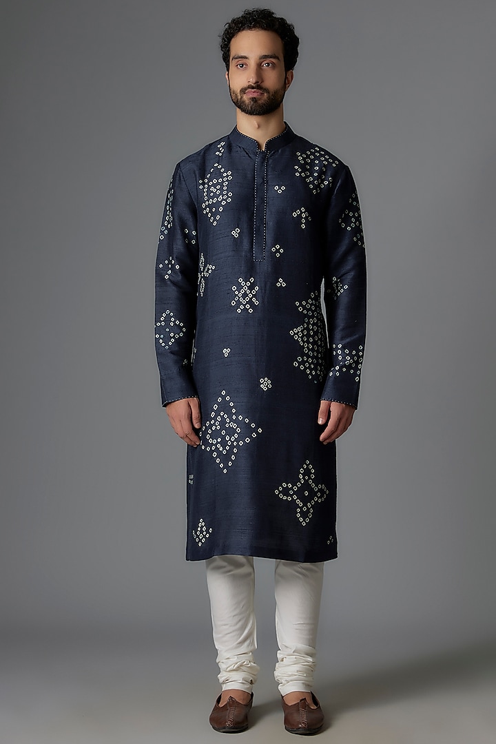 Space Blue Raw Silk Shibori Printed Kurta Set by Divyam Mehta Men at Pernia's Pop Up Shop