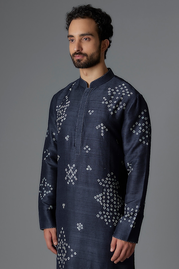 Space Blue Raw Silk Bandhani Printed Kurta Set by Divyam Mehta Men at Pernia's Pop Up Shop