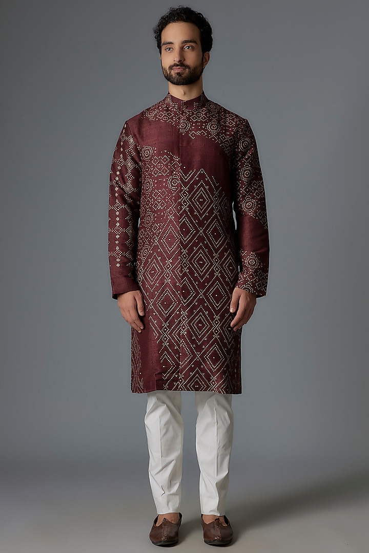 Scarlet Raw Silk Printed Kurta Set by Divyam Mehta Men