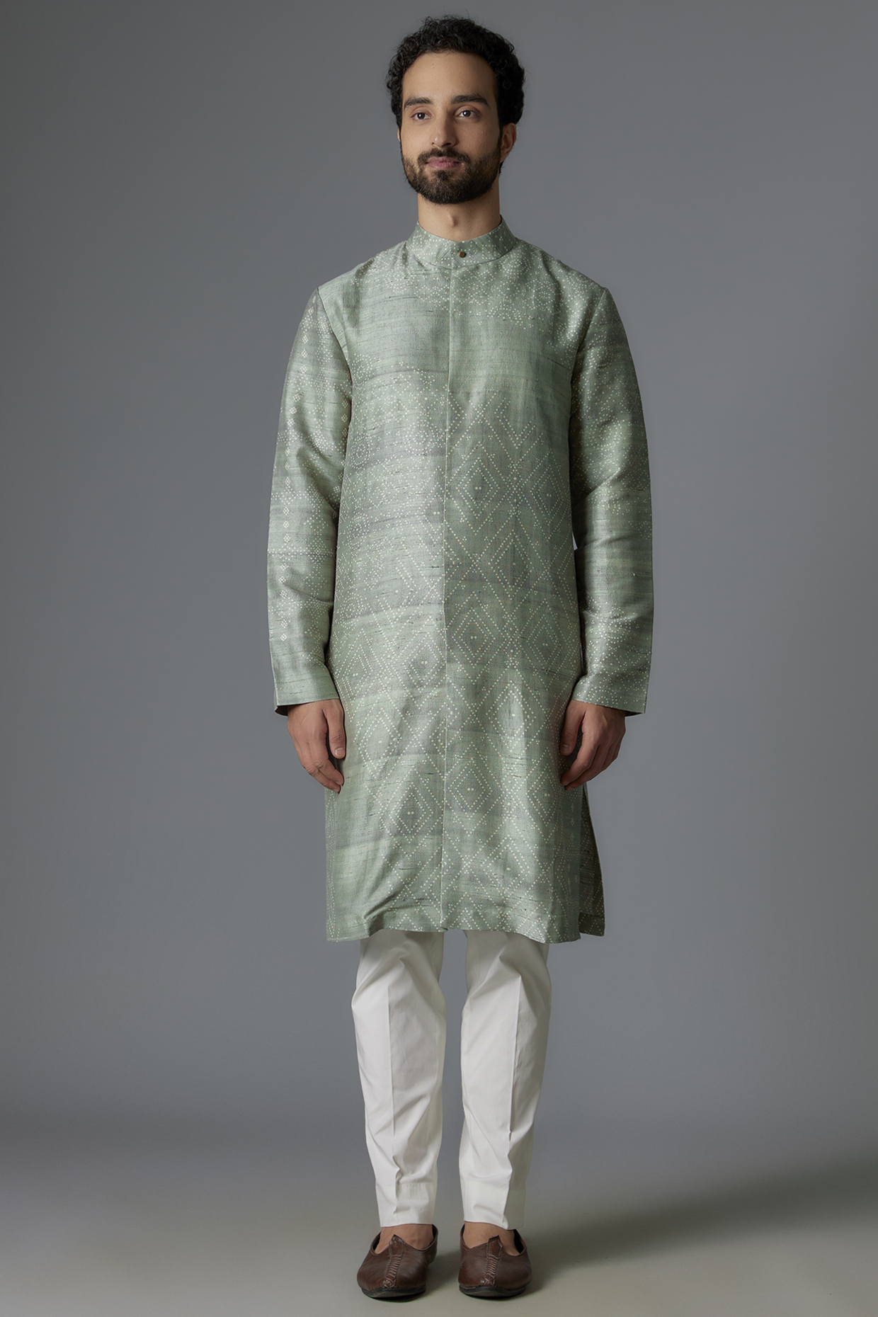 Mint Raw Silk Printed Kurta Set by Divyam Mehta Men