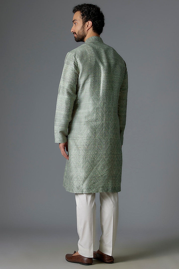 Mint Raw Silk Printed Kurta Set by Divyam Mehta Men at Pernia's Pop Up Shop
