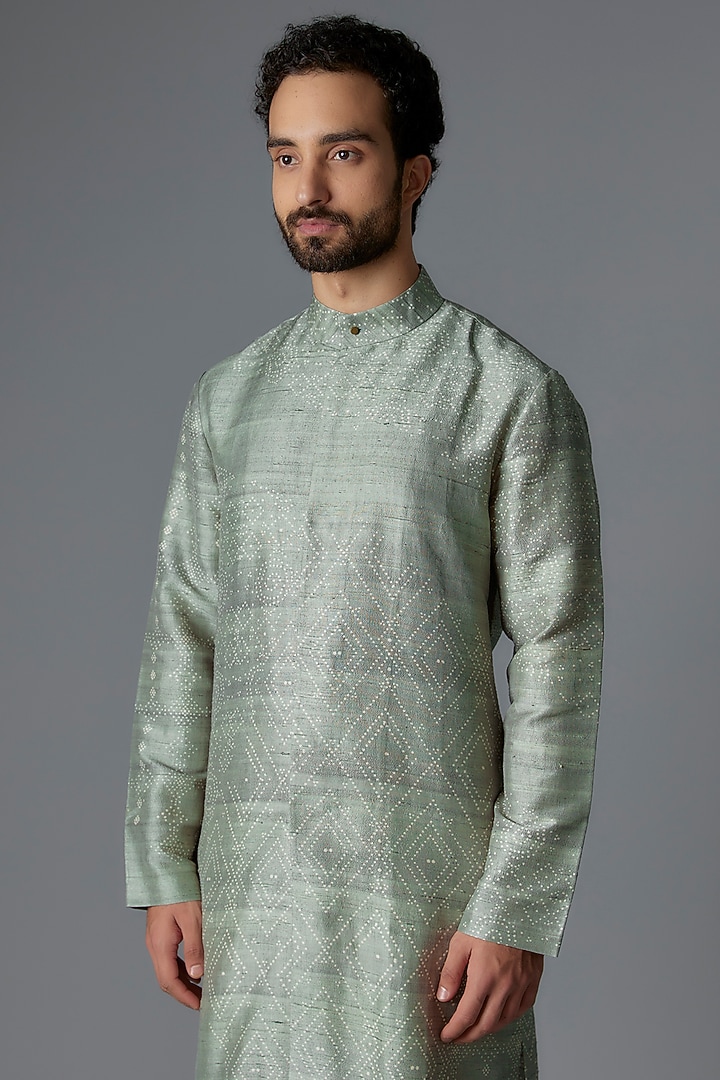 Mint Raw Silk Printed Kurta Set by Divyam Mehta Men at Pernia's Pop Up Shop