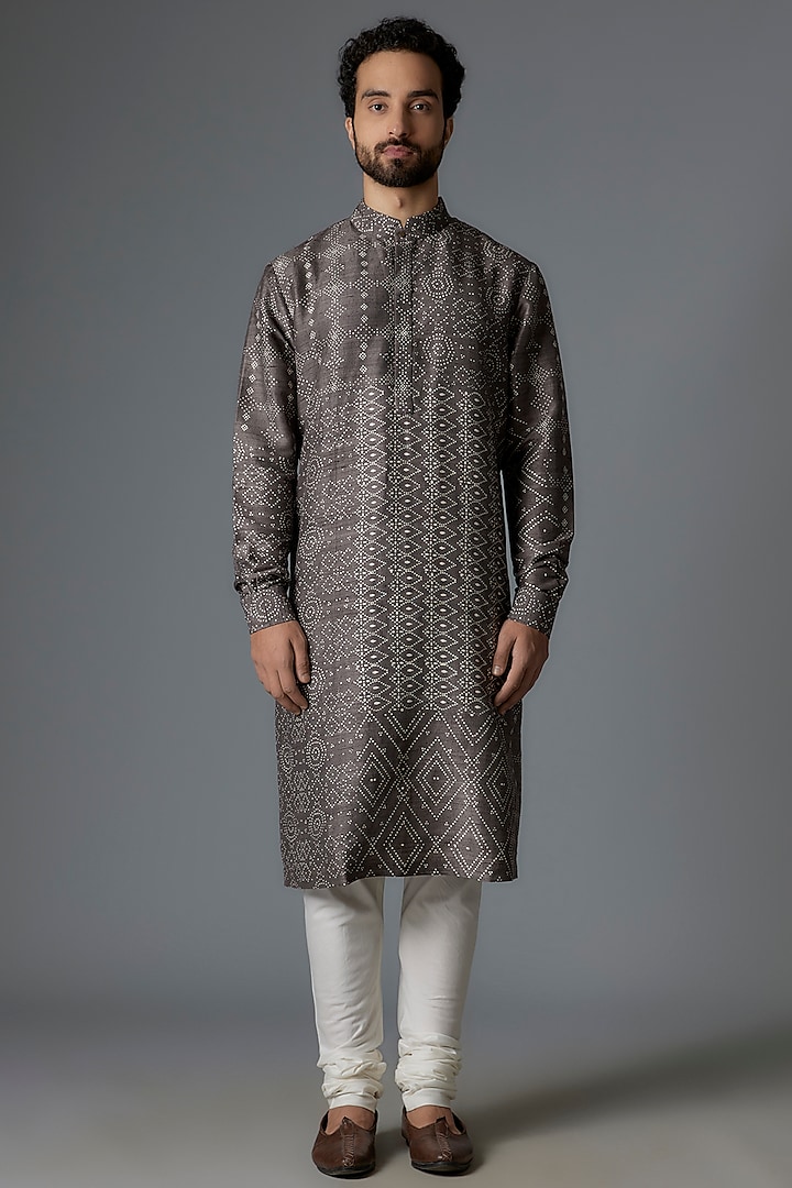 Grey Raw Silk Printed Kurta Set by Divyam Mehta Men