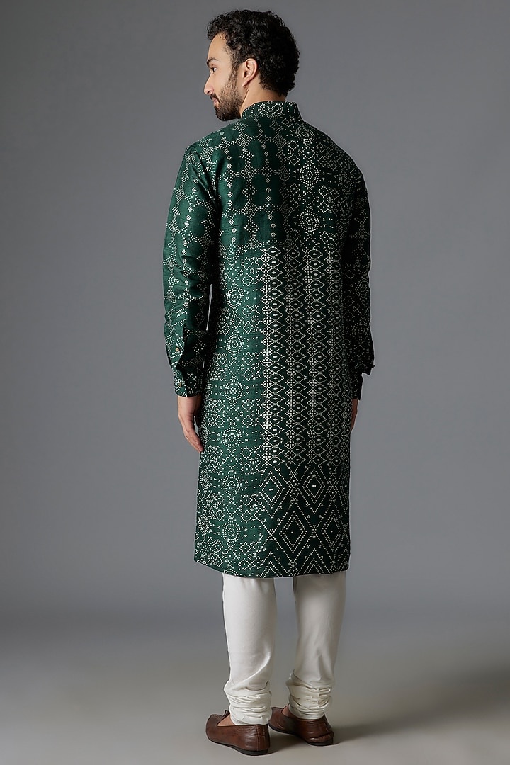 Bottle Green Raw Silk Printed Kurta Set by Divyam Mehta Men at Pernia's Pop Up Shop