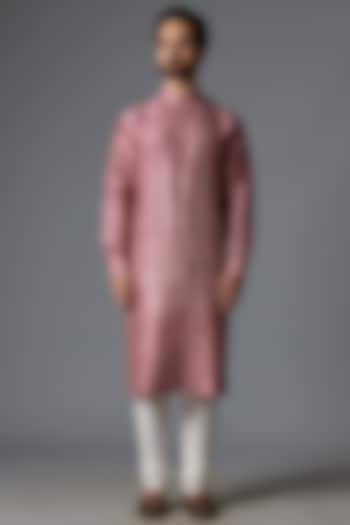 Pink Raw Silk Printed Kurta Set by Divyam Mehta Men