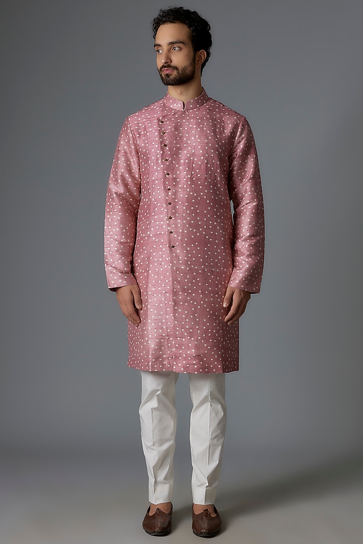 Pink Raw Silk Shibori Printed Kurta Set by Divyam Mehta Men at Pernia's Pop Up Shop