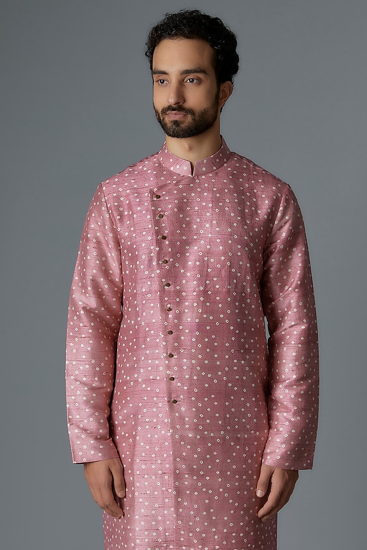 Pink Raw Silk Shibori Printed Kurta Set by Divyam Mehta Men at Pernia's Pop Up Shop
