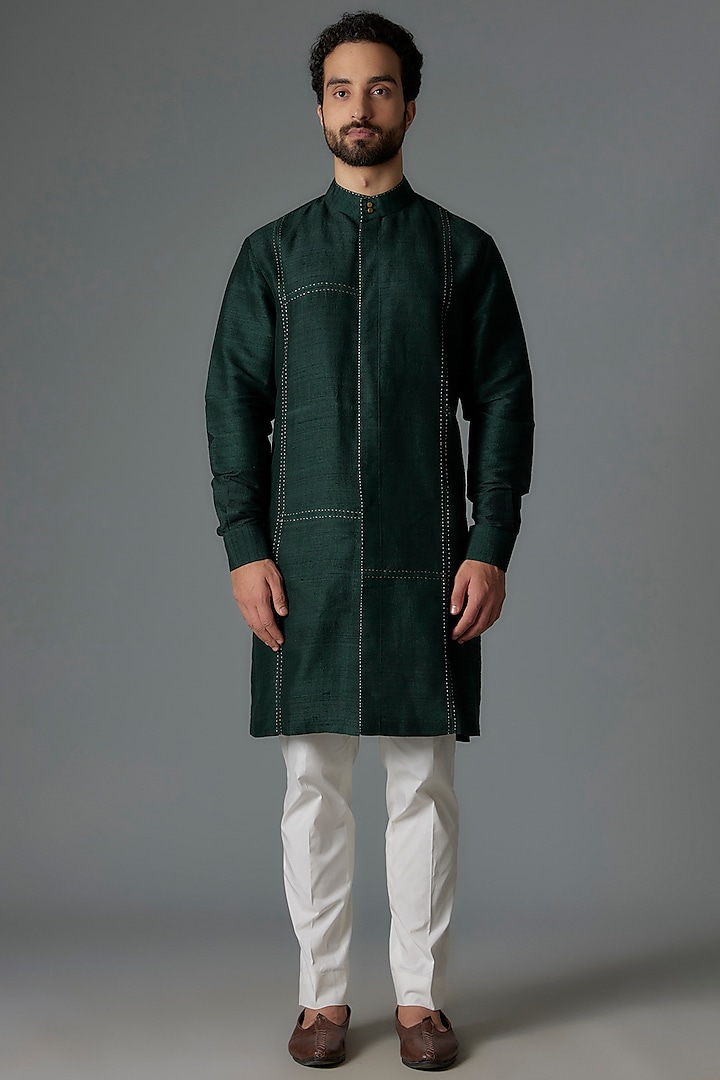 Bottle Green Raw Silk Kurta Set by Divyam Mehta Men
