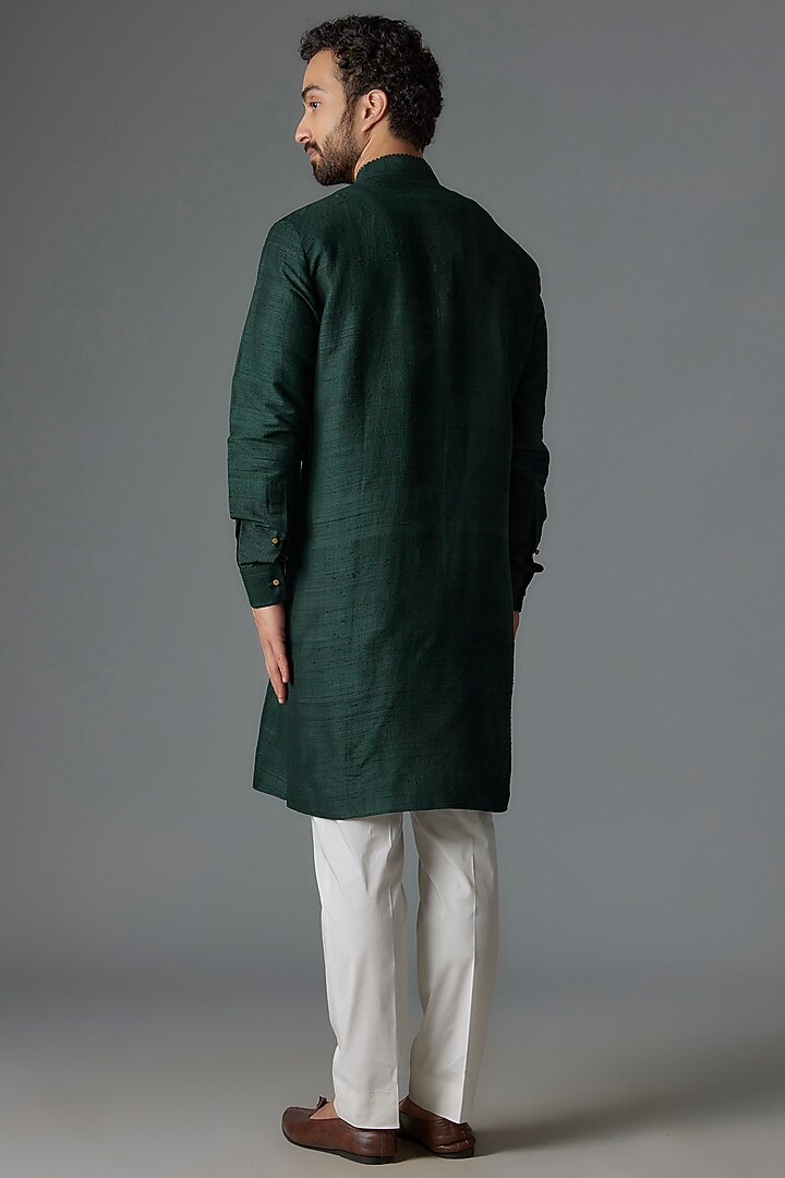 Bottle Green Raw Silk Kurta Set by Divyam Mehta Men at Pernia's Pop Up Shop