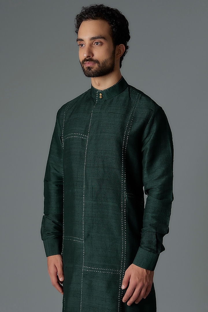 Bottle Green Raw Silk Kurta Set by Divyam Mehta Men at Pernia's Pop Up Shop