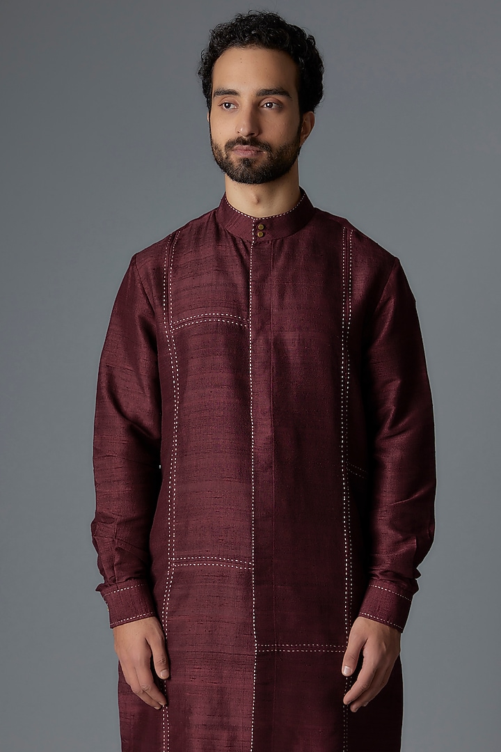 Scarlet Red Raw Silk Kurta Set by Divyam Mehta Men at Pernia's Pop Up Shop