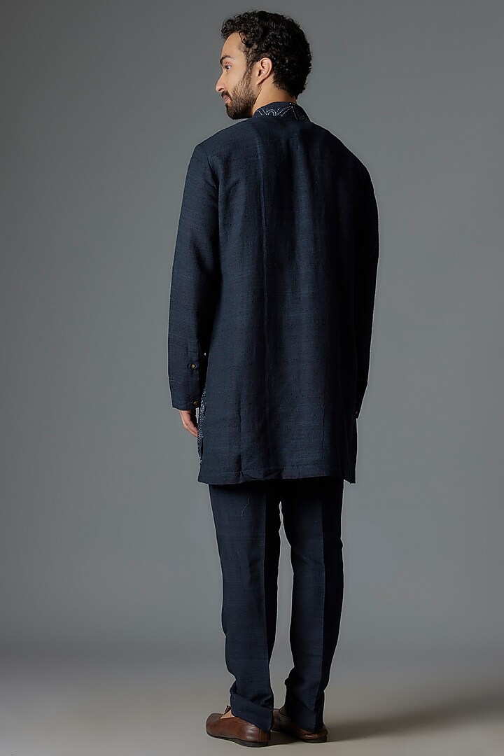 Space Blue Matka Silk Printed Co-Ord Set by Divyam Mehta Men at Pernia's Pop Up Shop