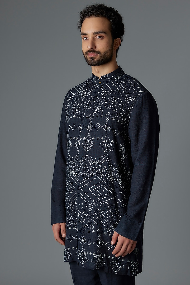 Space Blue Matka Silk Printed Co-Ord Set by Divyam Mehta Men at Pernia's Pop Up Shop