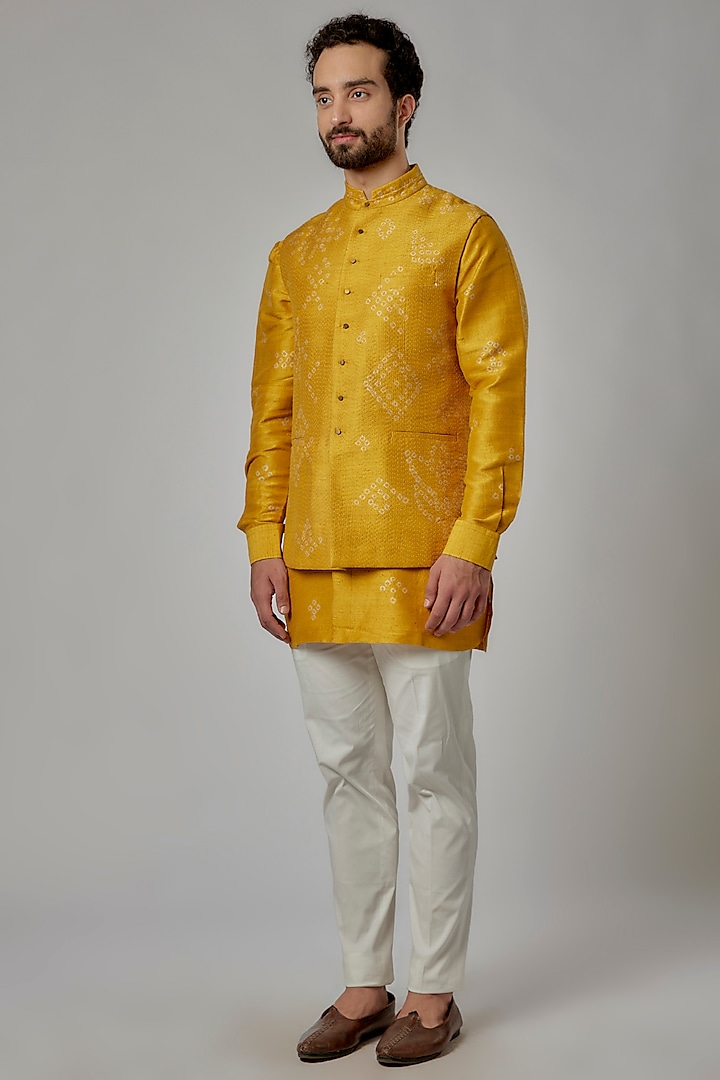 Haldi Yellow Raw Silk Printed Bundi Set by Divyam Mehta Men