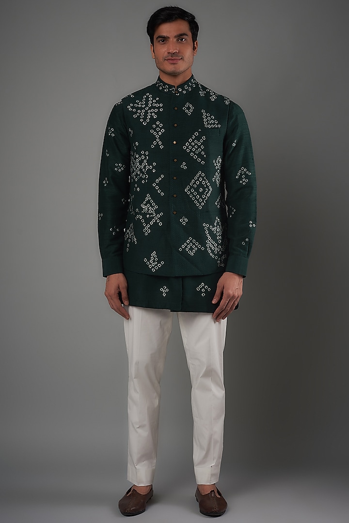 Bottle Green Raw Silk Printed Bundi Jacket Set by Divyam Mehta Men