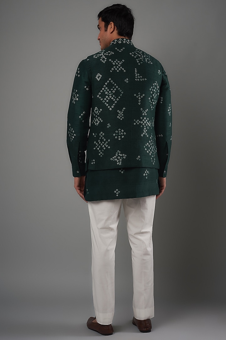 Bottle Green Raw Silk Printed Bundi Jacket Set by Divyam Mehta Men at Pernia's Pop Up Shop