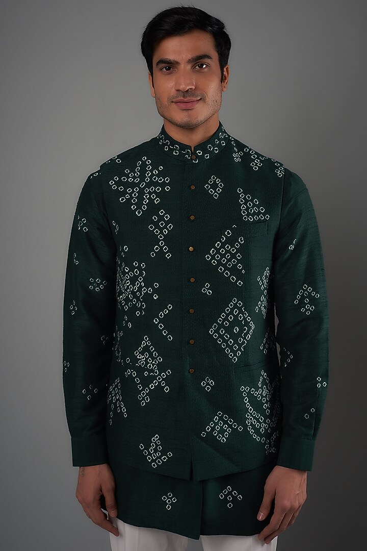 Bottle Green Raw Silk Printed Bundi Jacket Set by Divyam Mehta Men at Pernia's Pop Up Shop