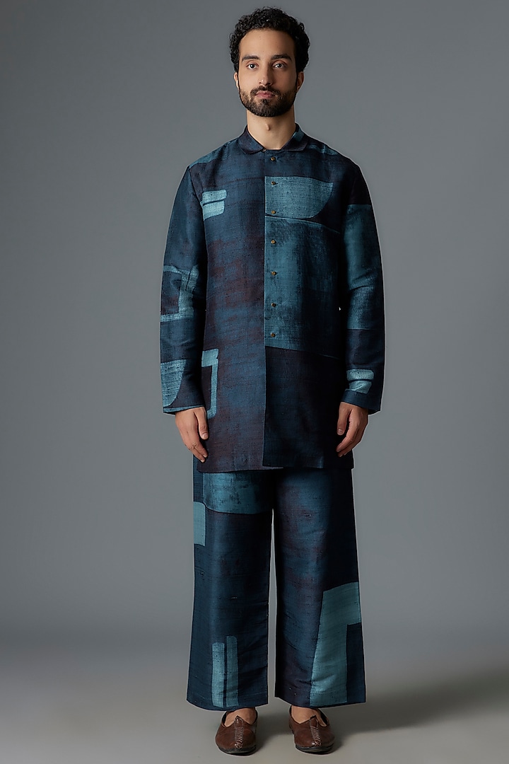 Blue Raw Silk Printed Co-Ord Set by Divyam Mehta Men