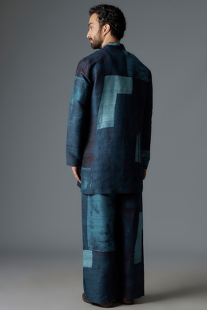 Blue Raw Silk Printed Co-Ord Set by Divyam Mehta Men at Pernia's Pop Up Shop