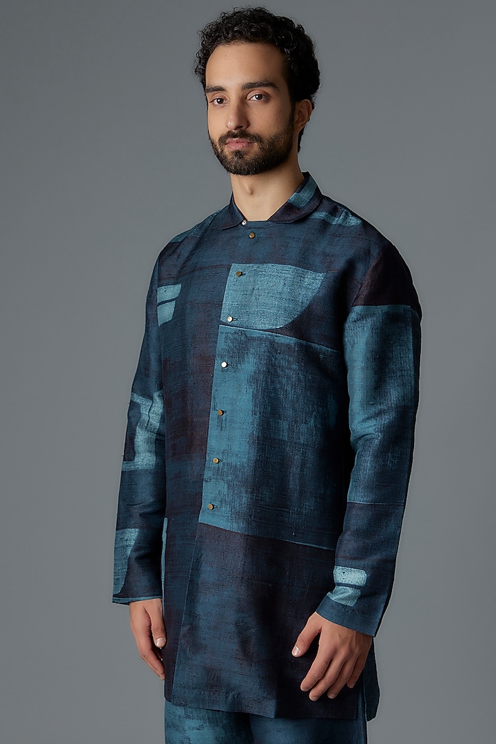 Blue Raw Silk Printed Co-Ord Set by Divyam Mehta Men at Pernia's Pop Up Shop