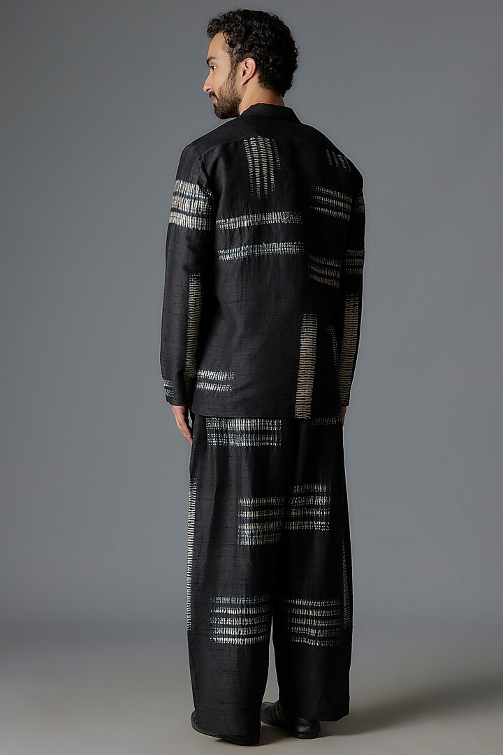 Black Raw Silk Printed Co-Ord Set by Divyam Mehta Men at Pernia's Pop Up Shop