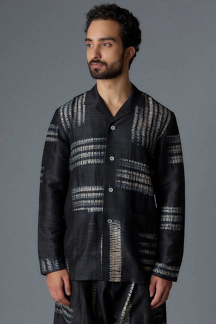 Black Raw Silk Printed Co-Ord Set by Divyam Mehta Men at Pernia's Pop Up Shop