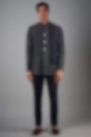 Space Blue Raw Silk Embroidered Groom Bandhgala Set by Divyam Mehta Men at Pernia's Pop Up Shop