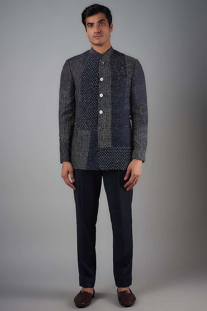 Space Blue Raw Silk Embroidered Groom Bandhgala Set by Divyam Mehta Men at Pernia's Pop Up Shop