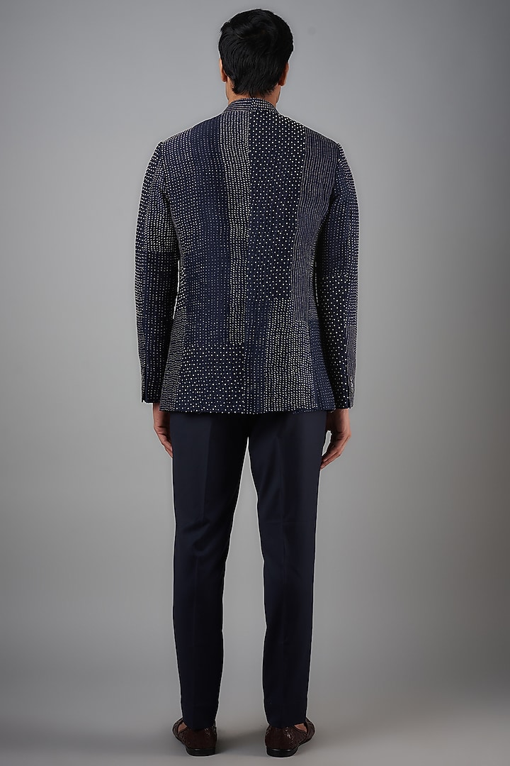 Space Blue Raw Silk Embroidered Groom Bandhgala Set by Divyam Mehta Men at Pernia's Pop Up Shop