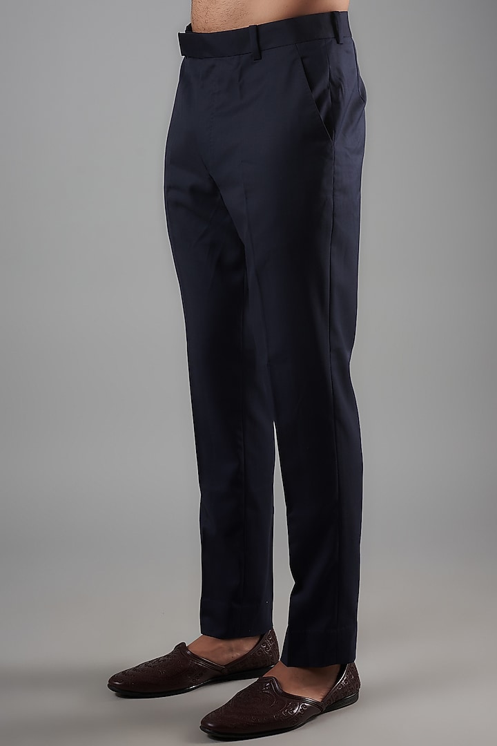 Space Blue Raw Silk Embroidered Groom Bandhgala Set by Divyam Mehta Men at Pernia's Pop Up Shop