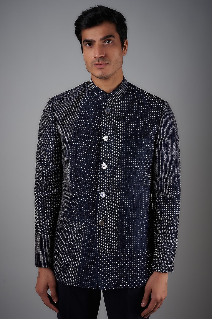 Space Blue Raw Silk Embroidered Groom Bandhgala Set by Divyam Mehta Men at Pernia's Pop Up Shop