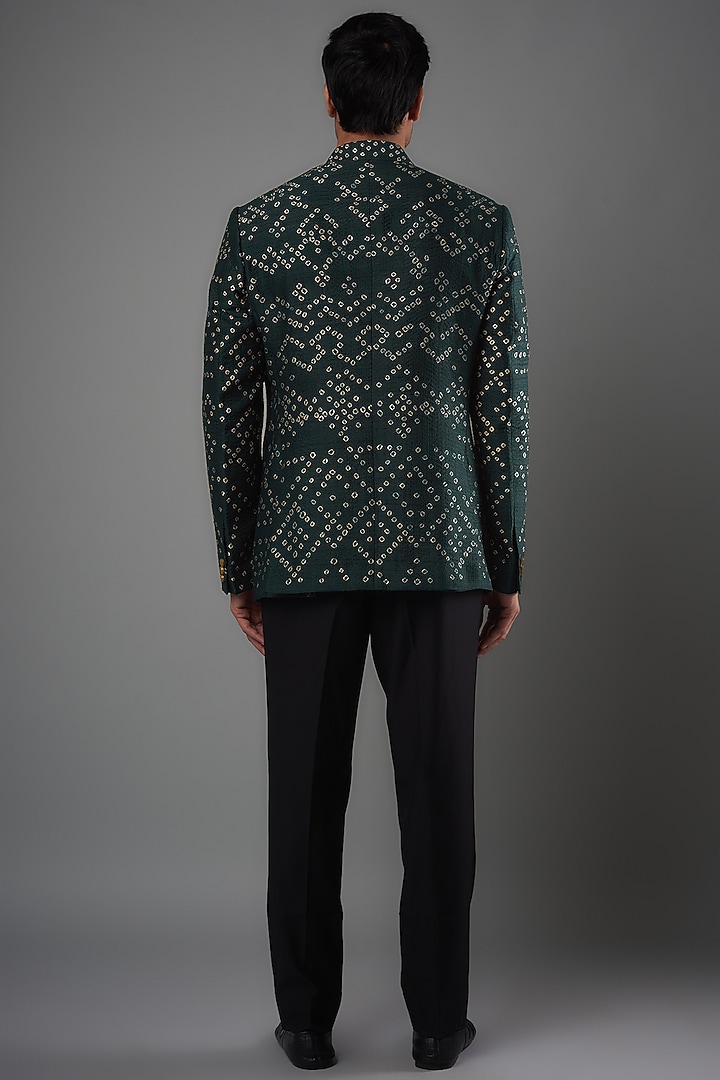 Bottle Green Raw Silk Shibori Printed Wedding Bandhgala Set by Divyam Mehta Men at Pernia's Pop Up Shop