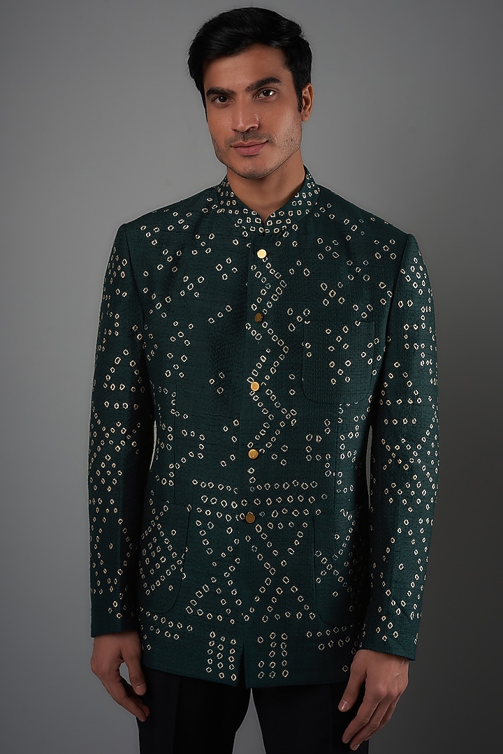 Bottle Green Raw Silk Shibori Printed Wedding Bandhgala Set by Divyam Mehta Men at Pernia's Pop Up Shop