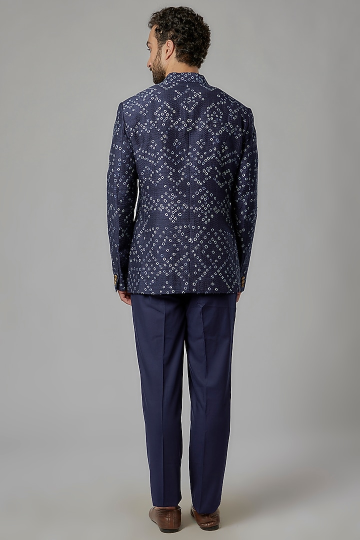 Space Blue Raw Silk Shibori Wedding Bandhgala Set by Divyam Mehta Men at Pernia's Pop Up Shop