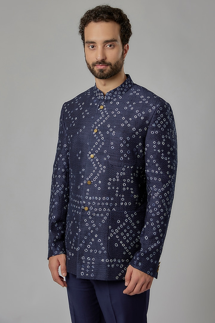 Space Blue Raw Silk Shibori Wedding Bandhgala Set by Divyam Mehta Men at Pernia's Pop Up Shop