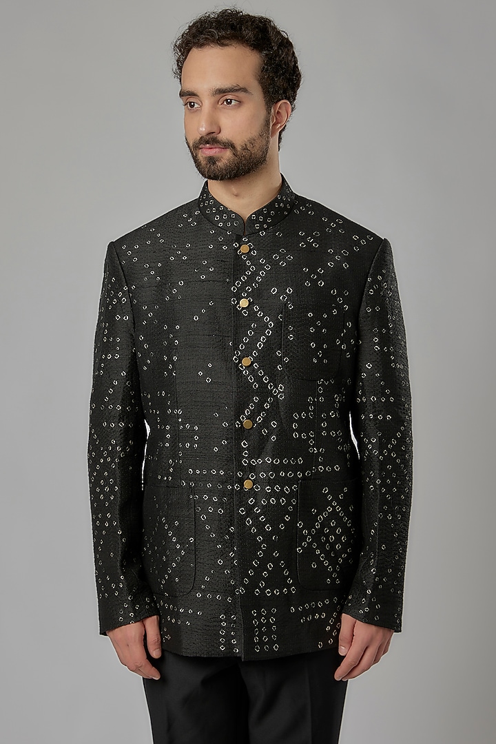 Black Raw Silk Shibori Wedding Bandhgala Set by Divyam Mehta Men at Pernia's Pop Up Shop