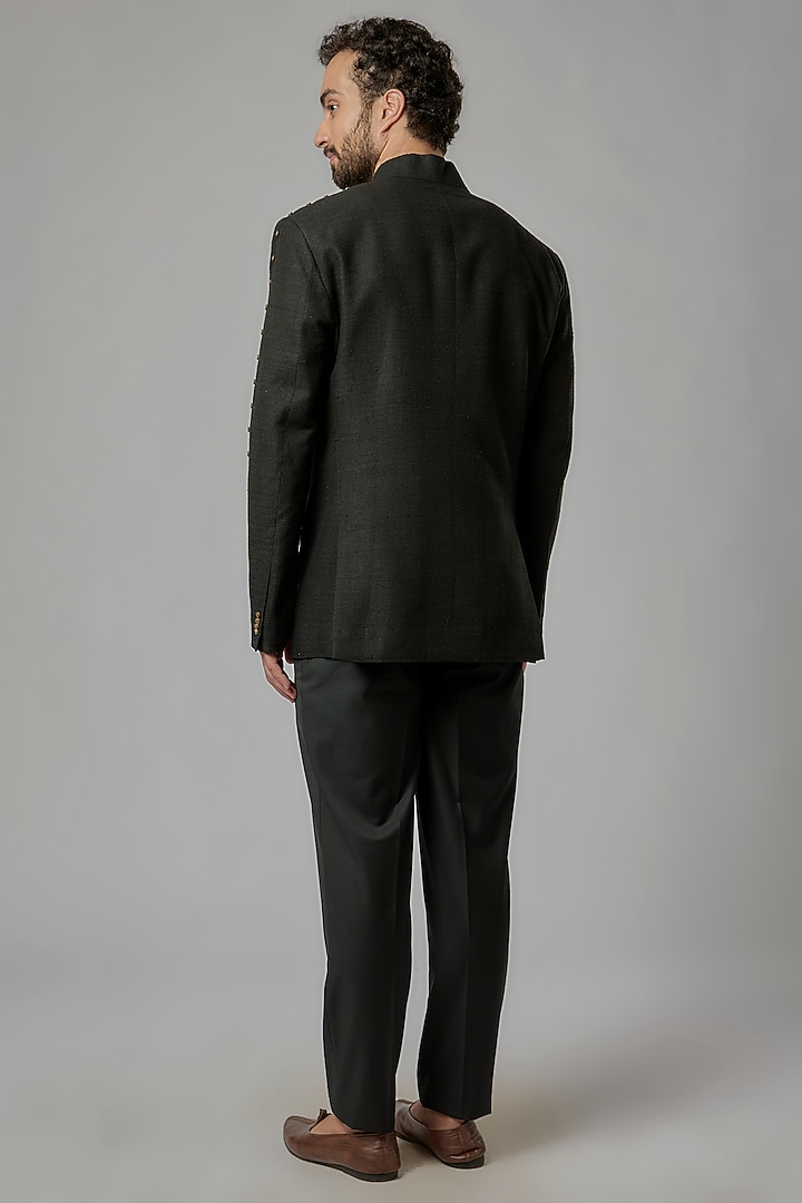 Black Matka Silk Wedding Bandhgala Set by Divyam Mehta Men at Pernia's Pop Up Shop