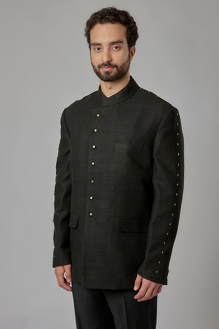 Black Matka Silk Wedding Bandhgala Set by Divyam Mehta Men at Pernia's Pop Up Shop