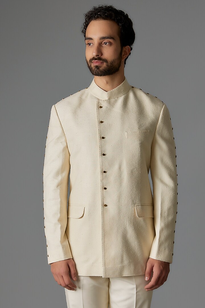 White Matka Silk Wedding Bandhgala Set by Divyam Mehta Men at Pernia's Pop Up Shop