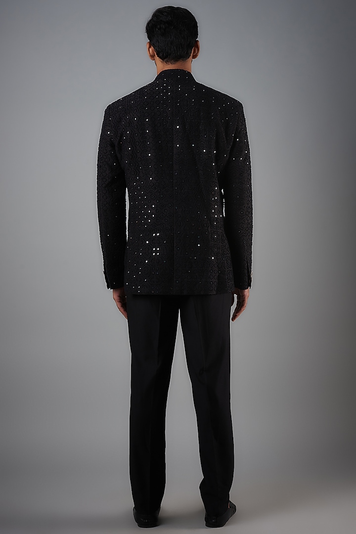 Black Raw Silk Embroidered Groom Bandhgala Set by Divyam Mehta Men at Pernia's Pop Up Shop