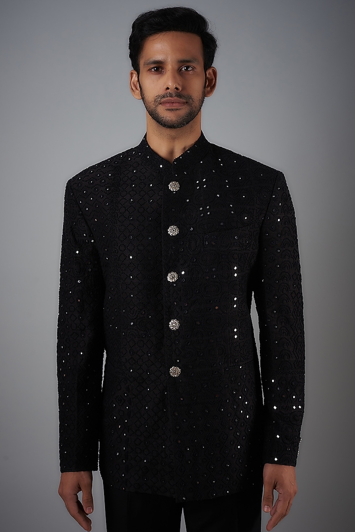 Black Raw Silk Embroidered Groom Bandhgala Set by Divyam Mehta Men at Pernia's Pop Up Shop