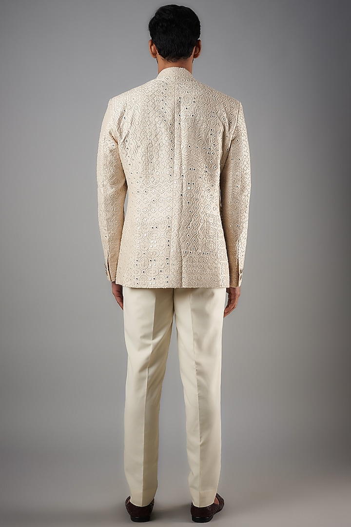 Ivory Raw Silk Embroidered Groom Bandhgala Set by Divyam Mehta Men at Pernia's Pop Up Shop