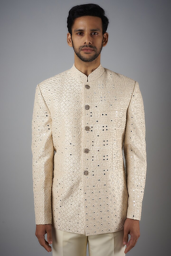 Ivory Raw Silk Embroidered Groom Bandhgala Set by Divyam Mehta Men at Pernia's Pop Up Shop