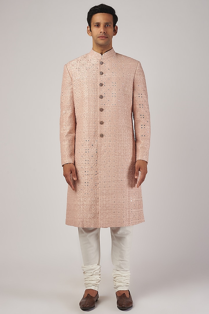 Oyster Pink Raw Silk & Katan Silk Embroidered Groom Sherwani Set by Divyam Mehta Men at Pernia's Pop Up Shop