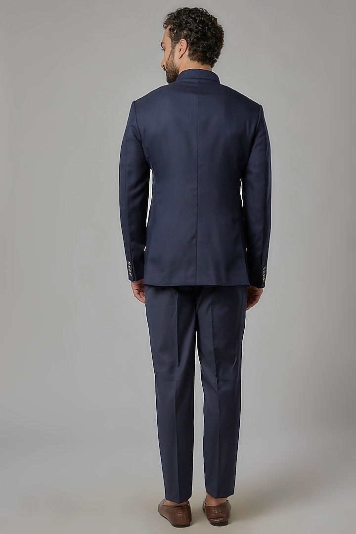Space Blue Wool Wedding Bandhgala Set by Divyam Mehta Men at Pernia's Pop Up Shop