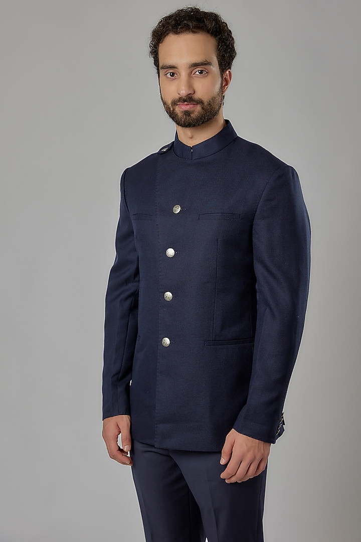 Space Blue Wool Wedding Bandhgala Set by Divyam Mehta Men at Pernia's Pop Up Shop
