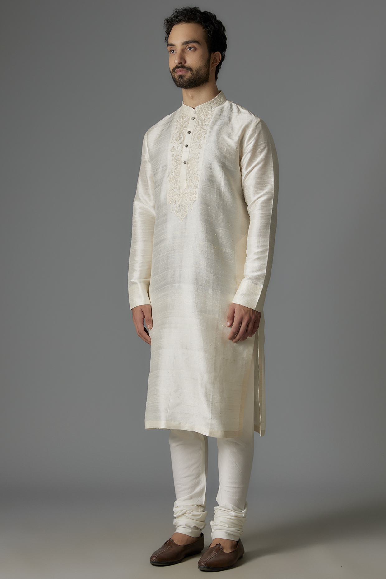 Ivory Raw Silk Kurta Set by Divyam Mehta Men