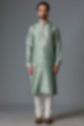 Jade Green Raw Silk Kurta Set by Divyam Mehta Men