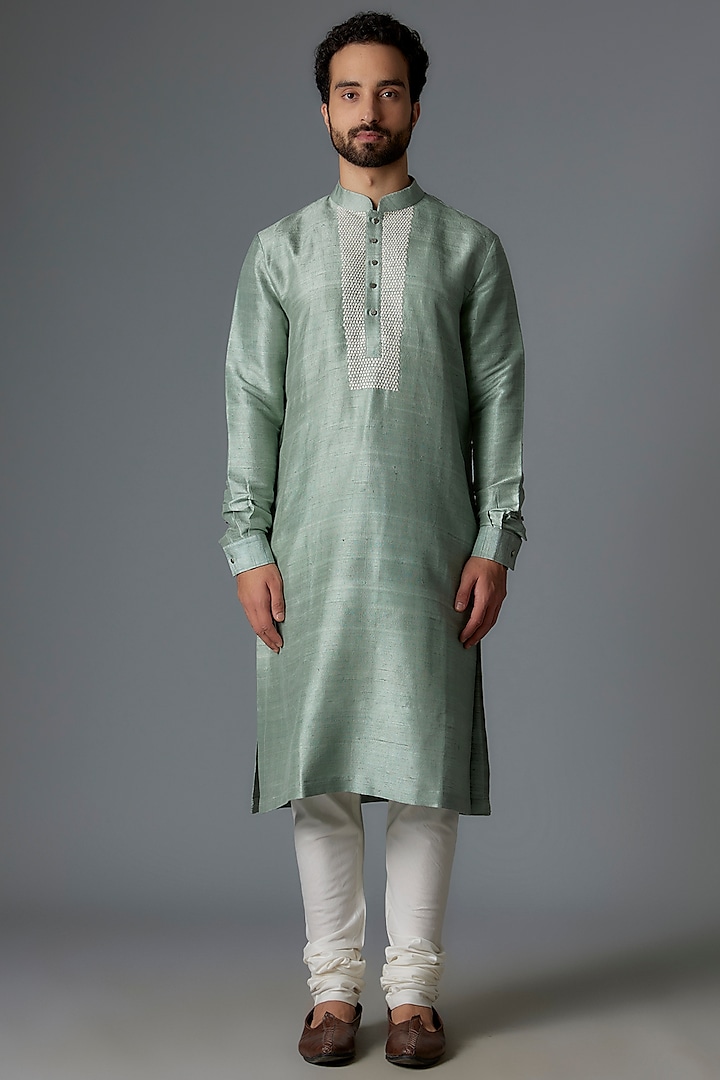 Jade Green Raw Silk Kurta Set by Divyam Mehta Men